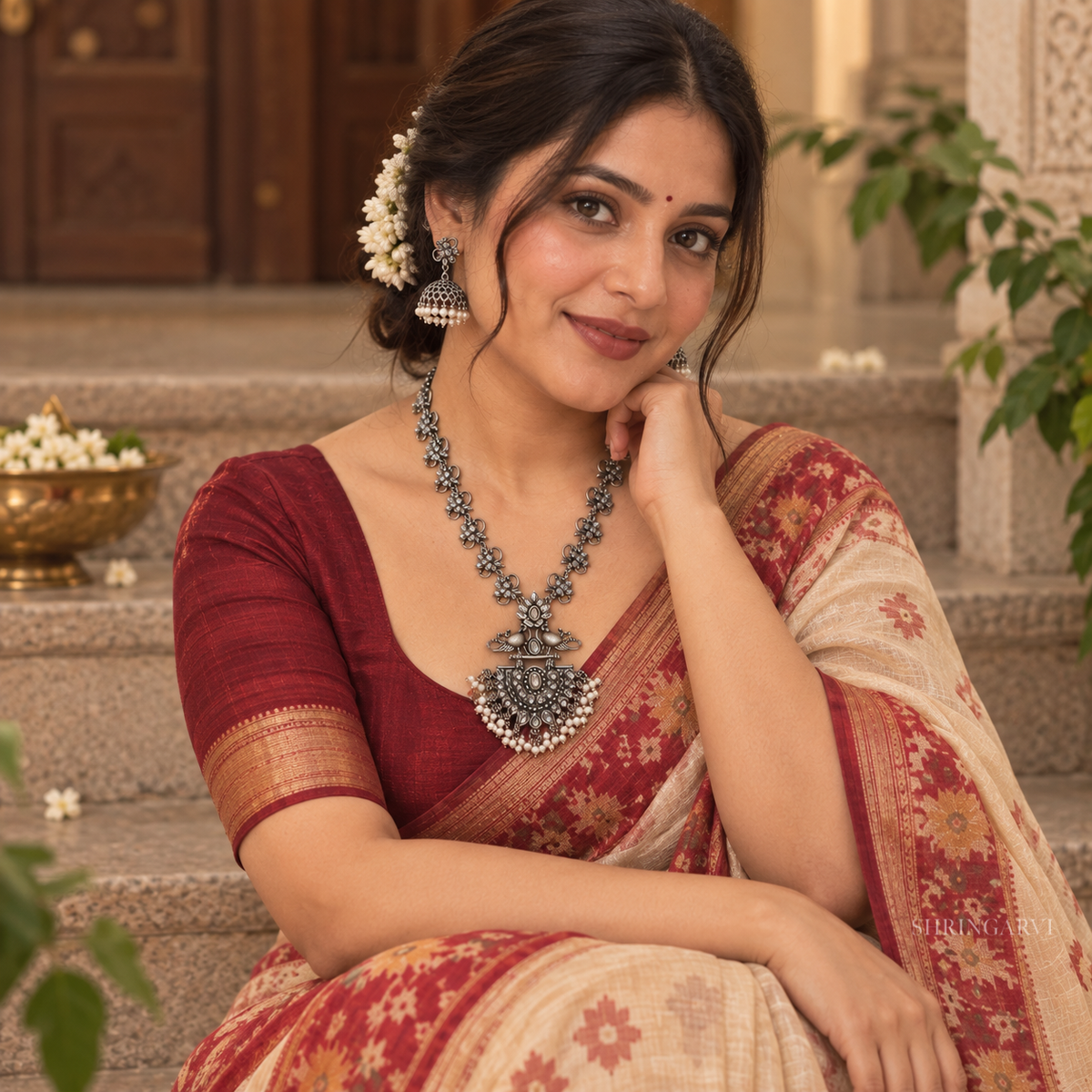 White Kundan Rivaasa Necklace Set with Earrings
