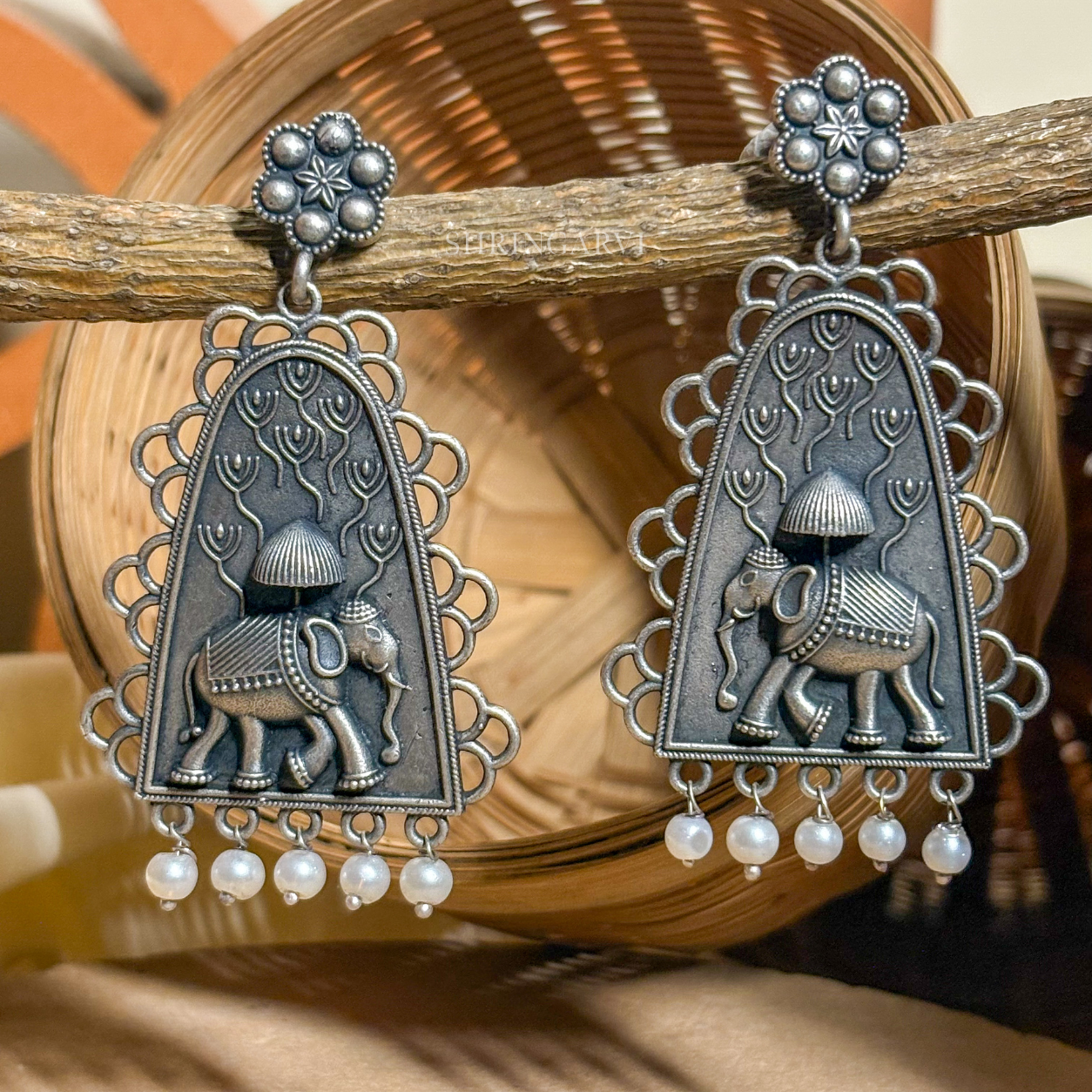 Oxidised silver Ambari Elephant Danglers featuring elephant-inspired design, handcrafted detailing and traditional Indian statement earrings for sarees and kurtas.