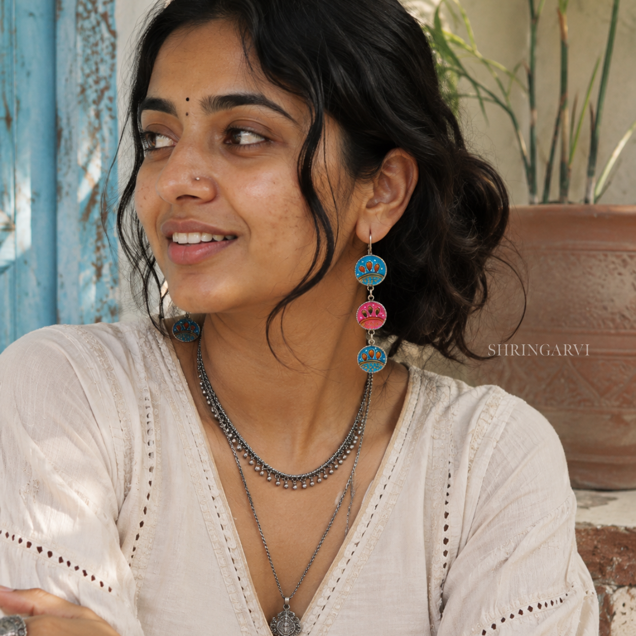 Blue-Pink Kyari Hand Painted Danglers