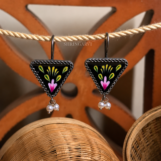 Black Handpainted Phulkari Oxidised Brass Floral Danglers with Pearl Drops