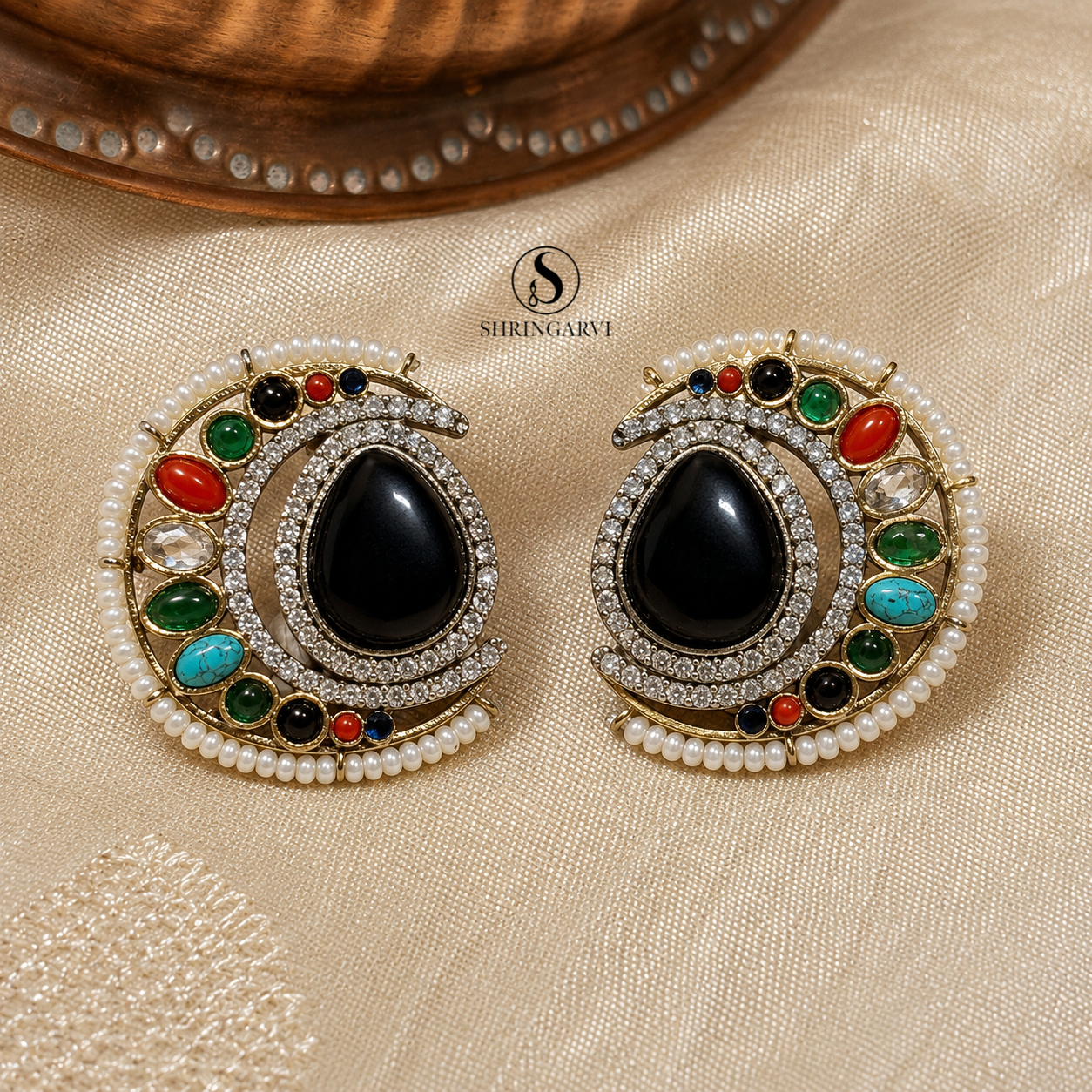 Black Multicolour Nisha oxidised brass studs with a black Monalisa stone, moissanite, AD stones, pearl border, and multicolour accent stones by Shringarvi.