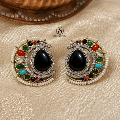Black Multicolour Nisha oxidised brass studs with a black Monalisa stone, moissanite, AD stones, pearl border, and multicolour accent stones by Shringarvi.