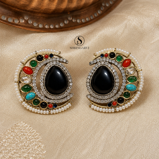 Black Multicolour Nisha oxidised brass studs with a black Monalisa stone, moissanite, AD stones, pearl border, and multicolour accent stones by Shringarvi.