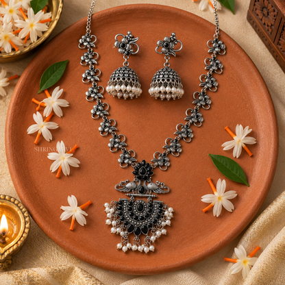 Oxidised silver festive jewellery set with matching jhumka earrings