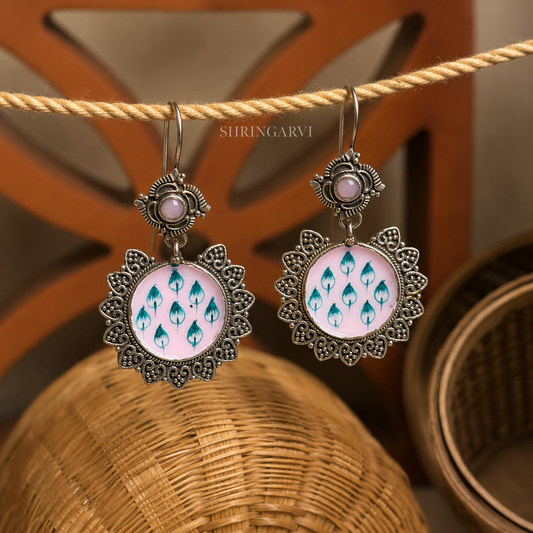 Pink Floral Handpainted Dangle Earrings in Oxidised Silver with Pink Stone and Green Flower Motif