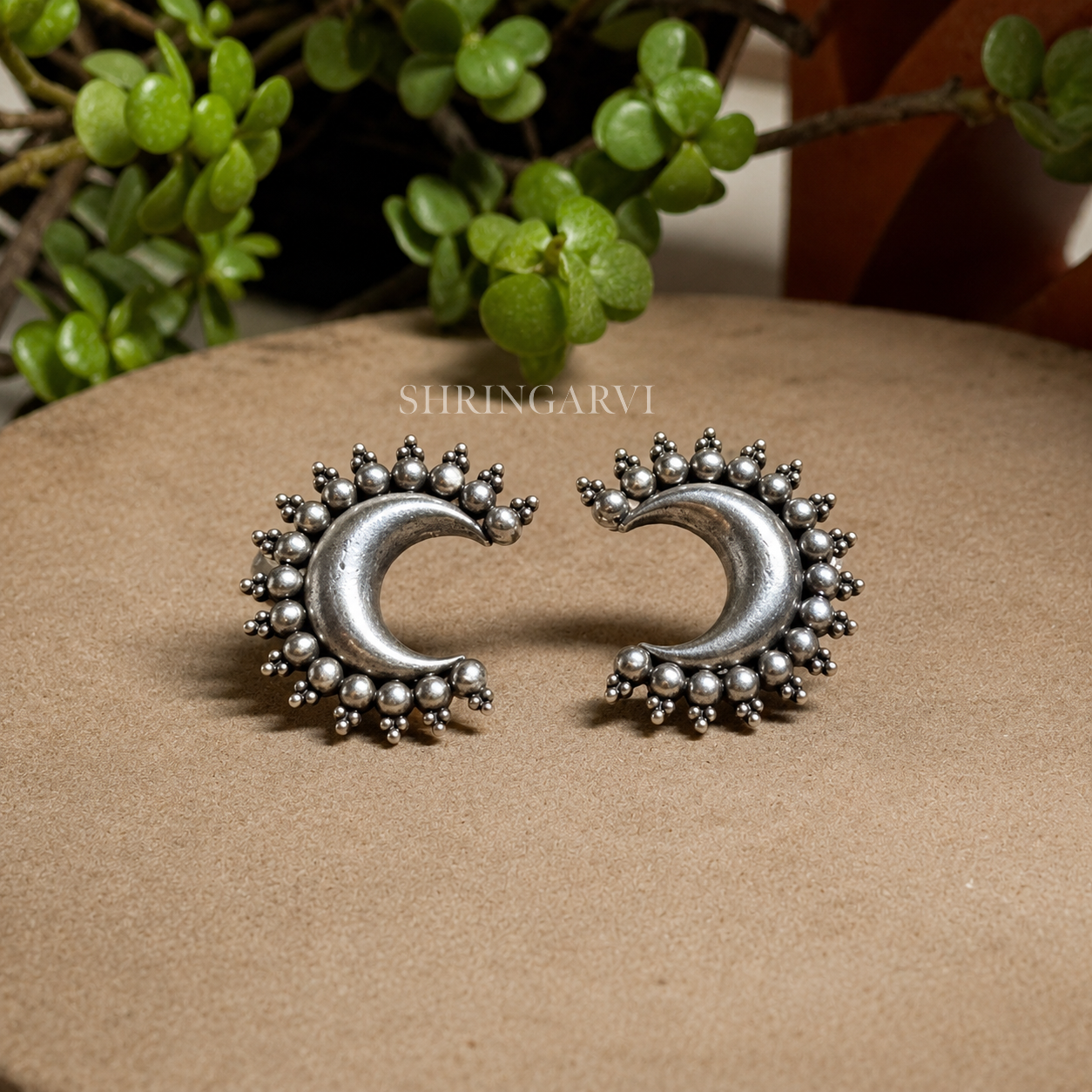 Chanda Brass Oxidized Crescent Moon Stud Earrings for Women featuring handcrafted crescent moon design with intricate beaded detailing by Shringarvi.