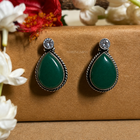Deep Green Monalisa Stone AD Teardrop Stud Earrings in Oxidised Silver Finish