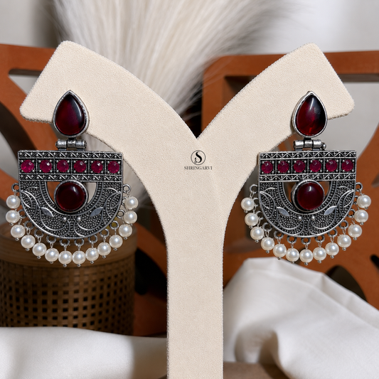 Deep Maroon Monalisa Stone Oxidised Brass Aadya Chandbali Earrings with Pearl Drops