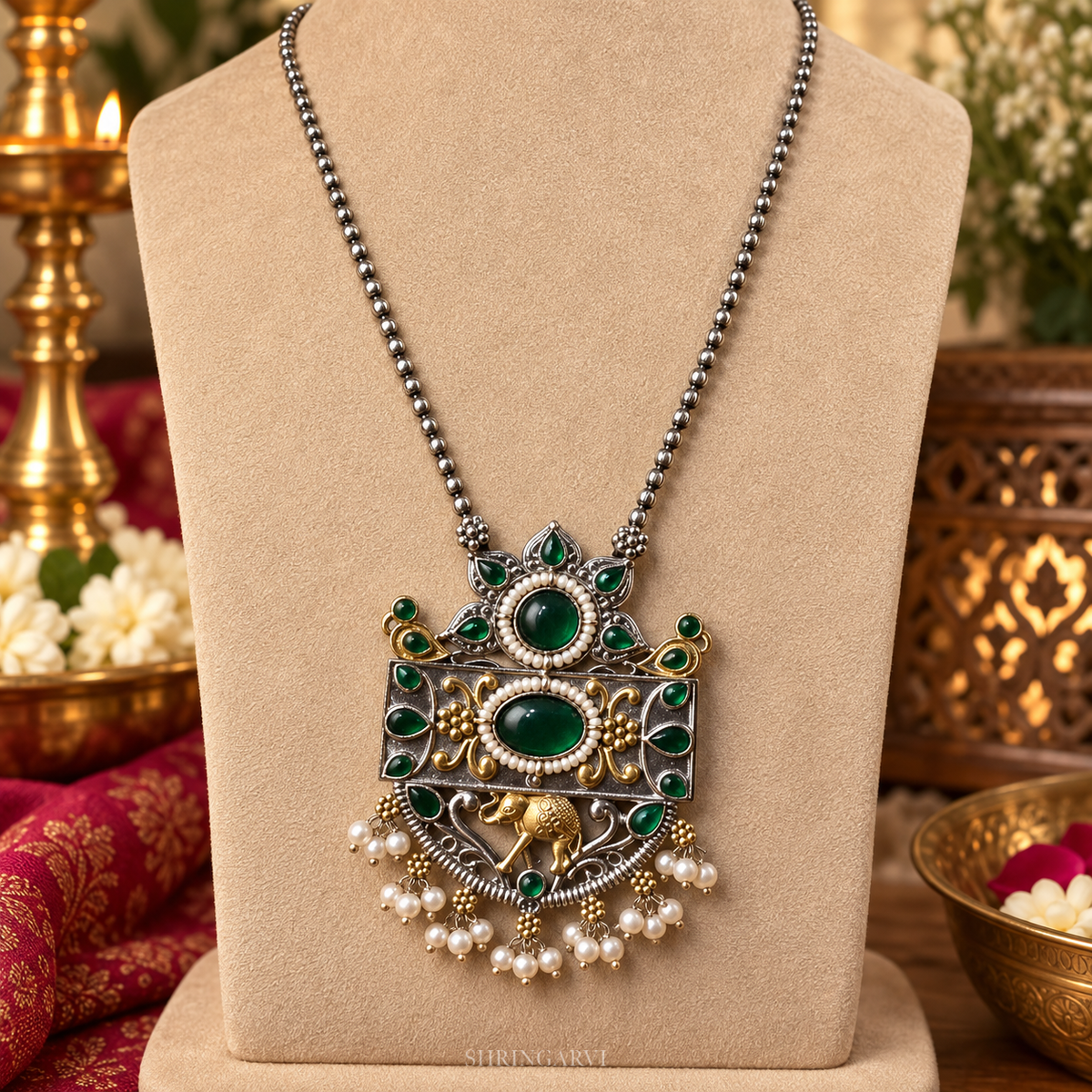 Emerald Megha Necklace with Earrings-Dual Tone