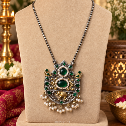 Emerald Megha Necklace with Earrings-Dual Tone