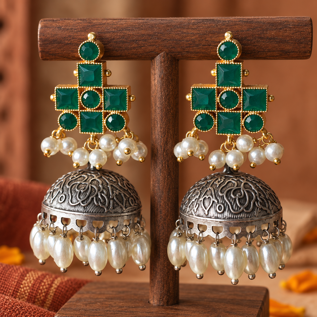 Emerald Green Mrinal Dual Tone Jhumka