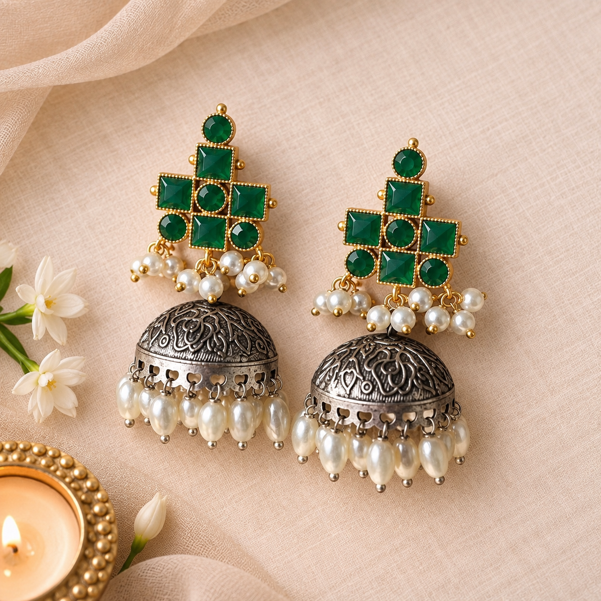 Emerald Green Mrinal Jhumka oxidised silver earrings with emerald green stones and pearl drops for festive and ethnic wear.