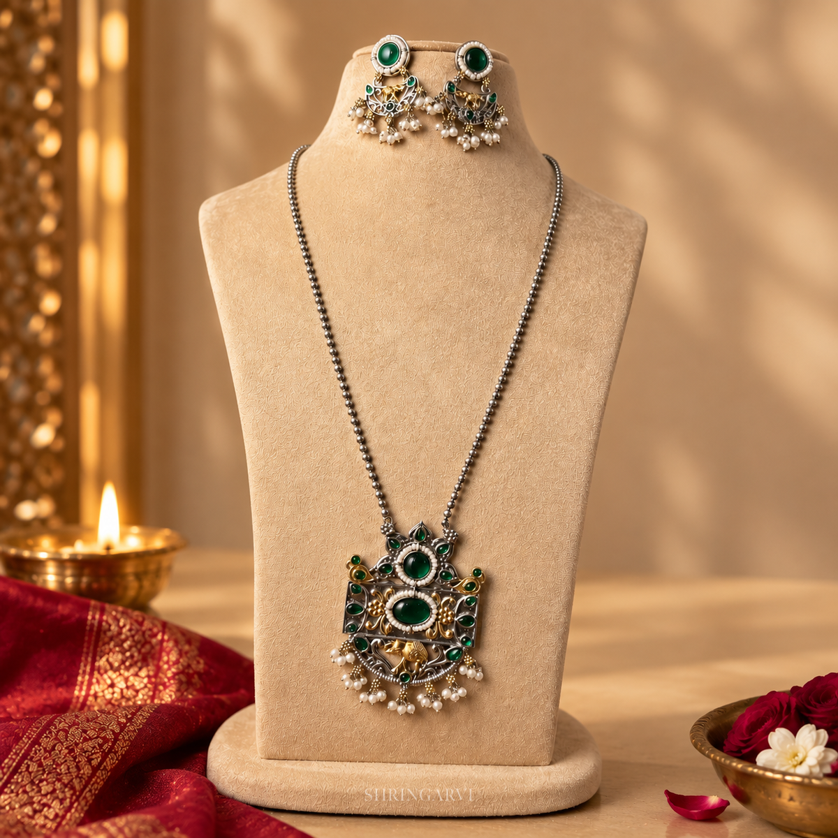 Emerald Megha Necklace with Earrings-Dual Tone