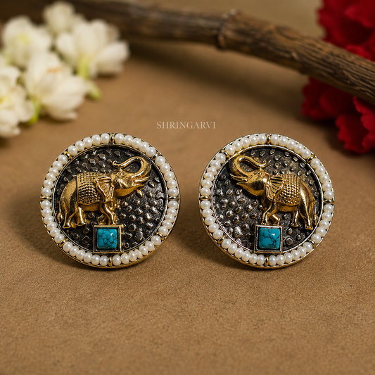 Oxidised brass elephant studs with antique gold detailing, firoza stone and pearl border by Shringarvi