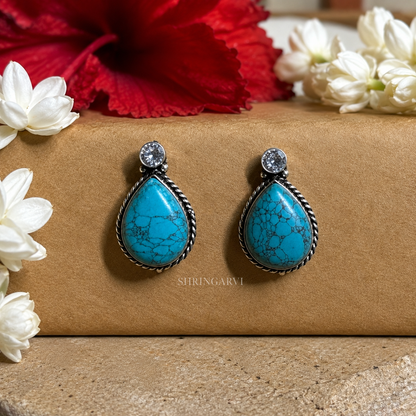 Oxidised brass Firoza raindrop studs with turquoise stone and AD top stud by Shringarvi