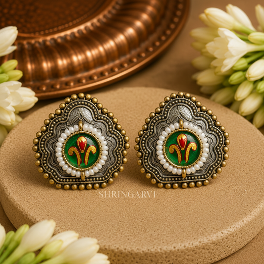 Green Pihu handpainted oxidised brass studs with green Monalisa stone, pearl detailing, and handcrafted design by Shringarvi.