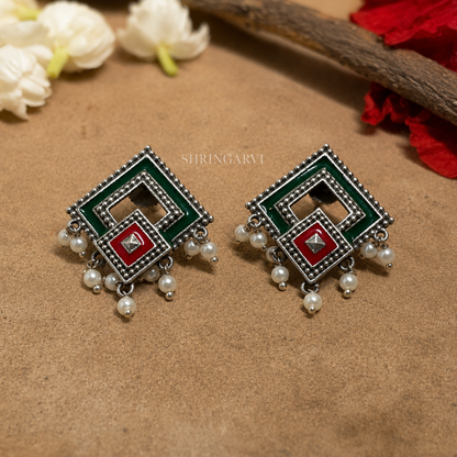 Green Red Enamelled Oxidized Brass Jharokha Studs with Pearl Drops