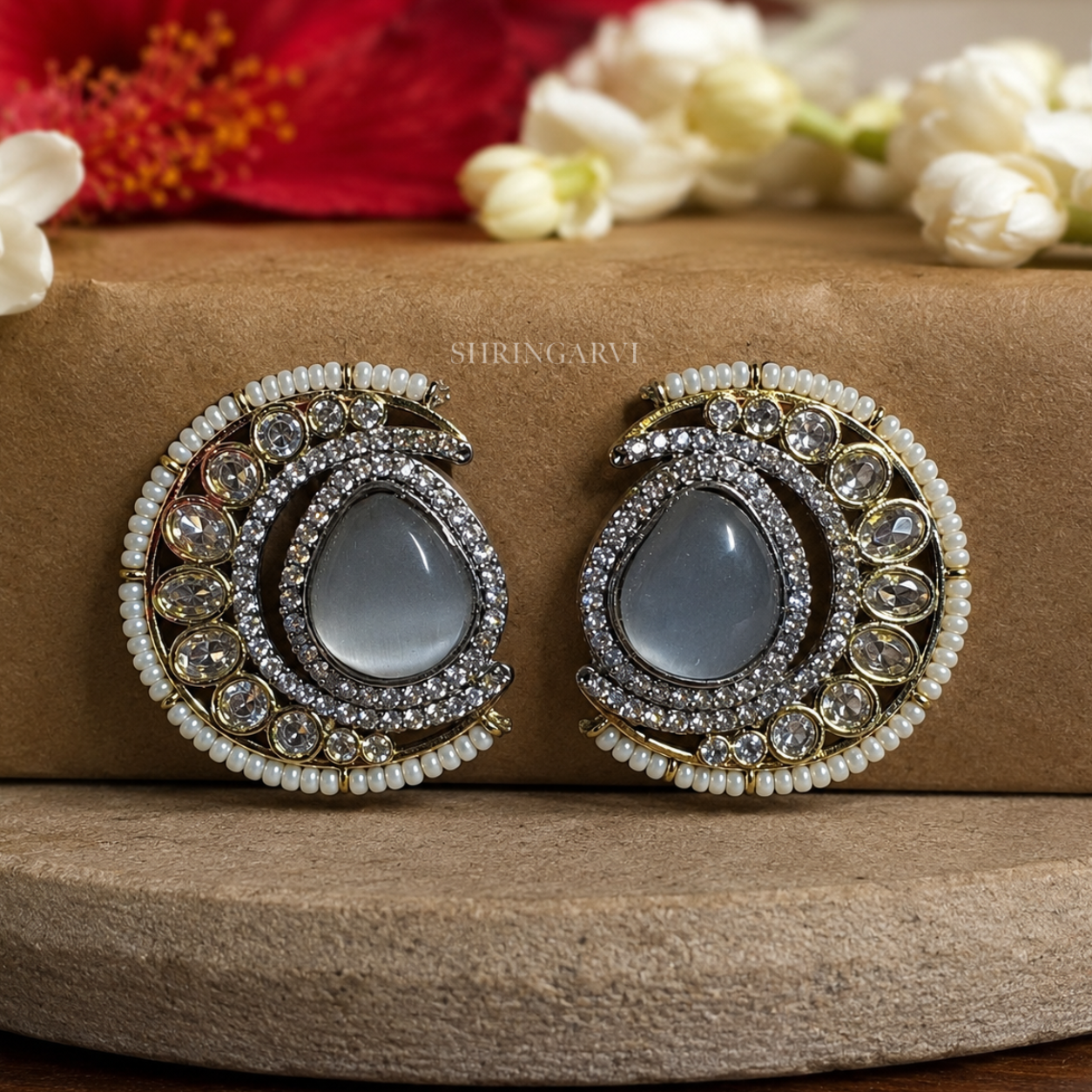 Grey Nisha oxidised brass studs with grey centre stone, moissanite, AD stones, and pearl detailing by Shringarvi.