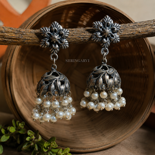 Juhi Pearl Jhumka oxidised brass earrings with floral design and pearl cluster jhumka drops
