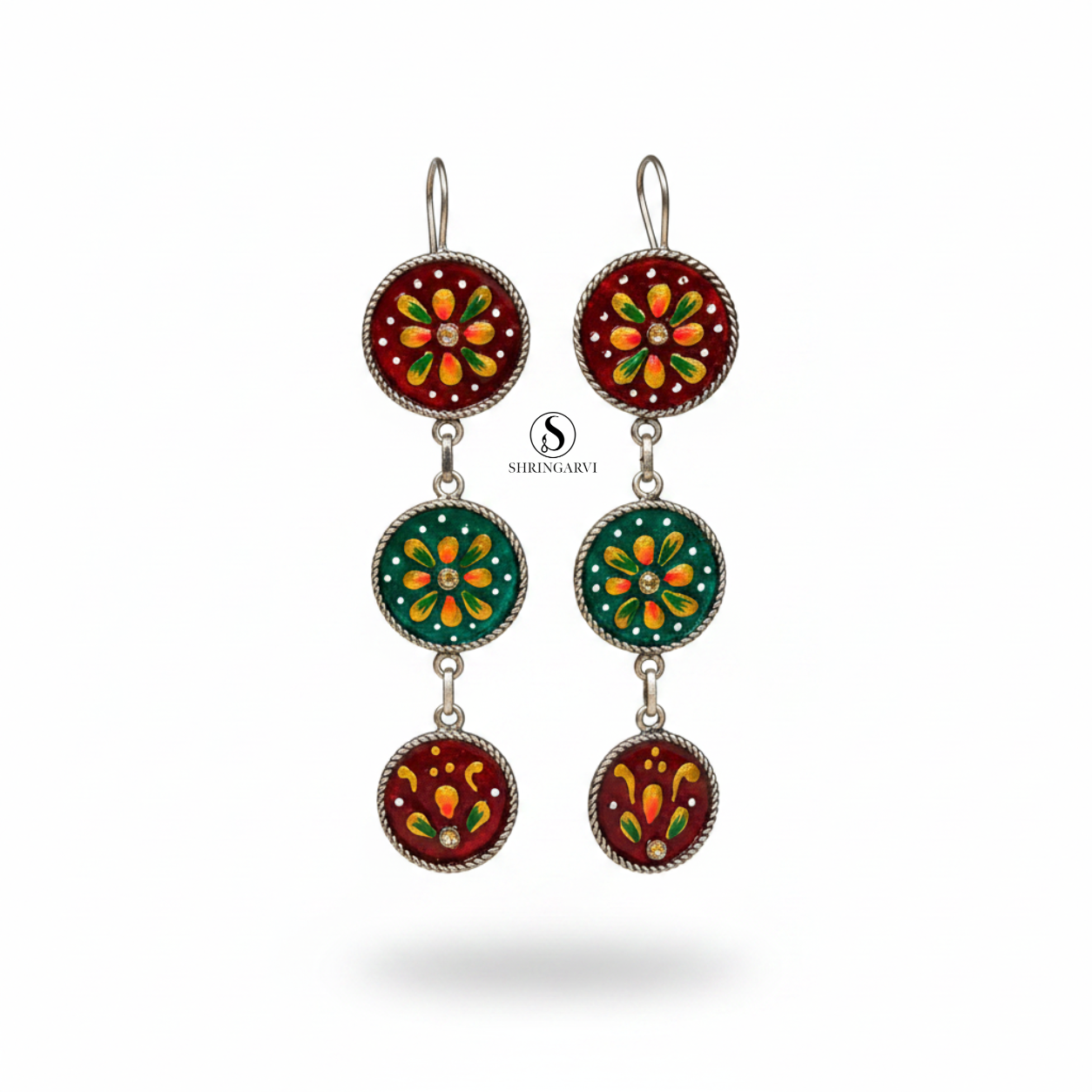 Maroon-Green Kyari Hand Painted Danglers