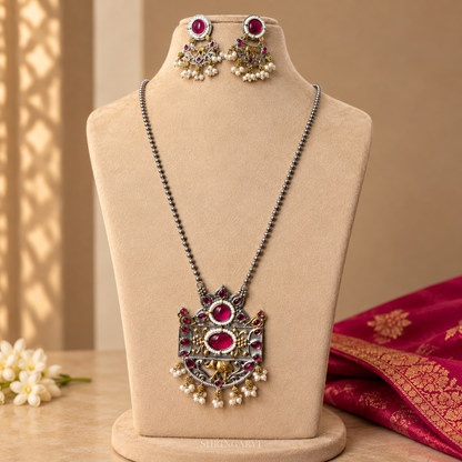 Magenta Megha Necklace with Earrings-Dual Tone