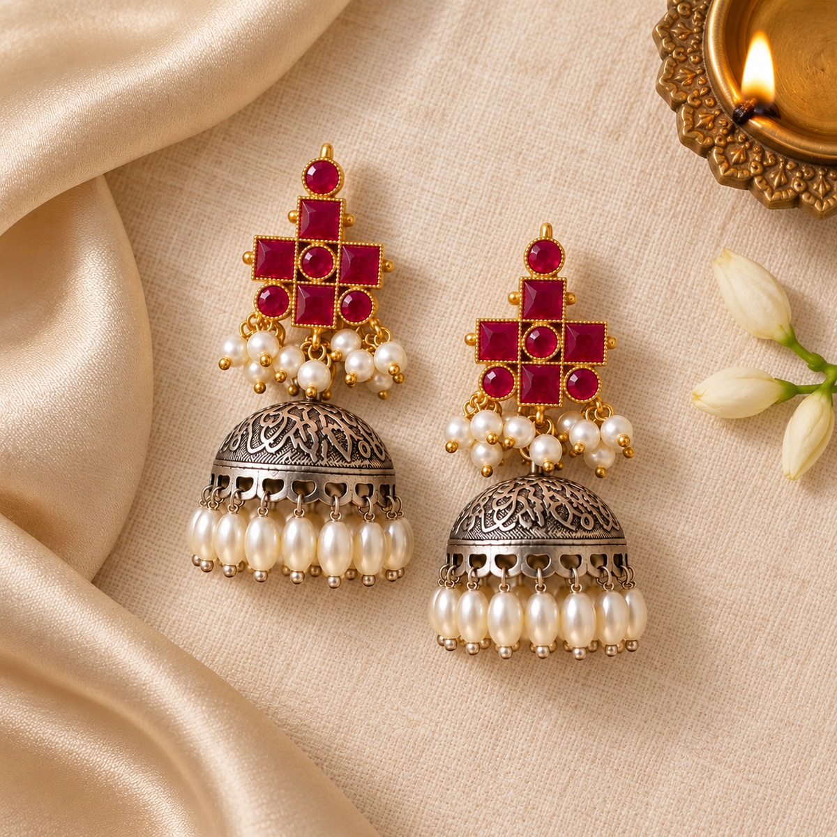 Magenta Mrinal Dual Tone Jhumka earrings with magenta stones, oxidised silver dome, pearl drops, and gold-tone detailing for festive and ethnic wear.