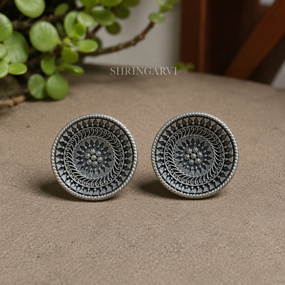 Mandala Brass Oxidised Stud Earrings for Women featuring intricate circular mandala detailing in antique silver finish by Shringarvi.
