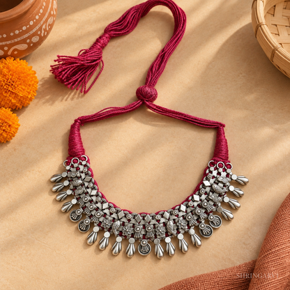 Matsya Thread Choker in premium brass with oxidised silver finish, fish motifs, and woven thread design for ethnic and festive wear.