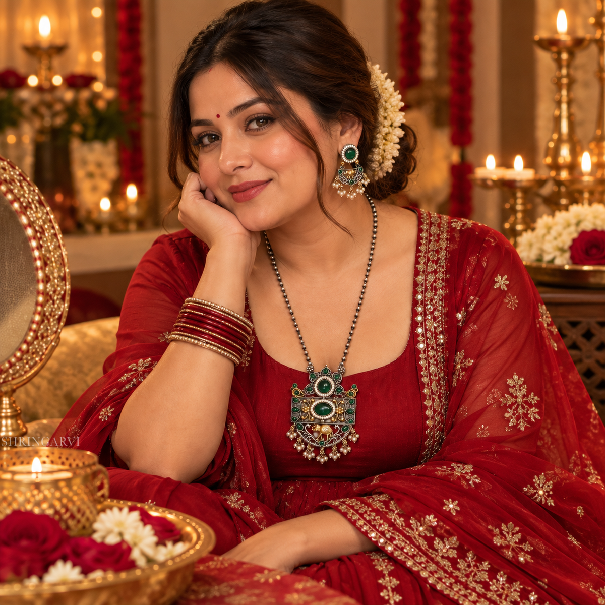 Emerald Megha Necklace with Earrings-Dual Tone