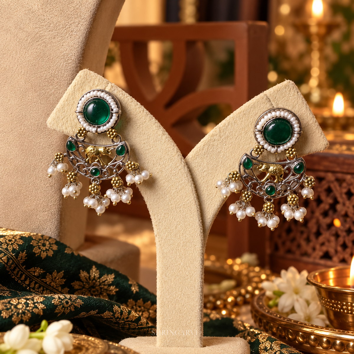 Emerald Megha Necklace with Earrings-Dual Tone