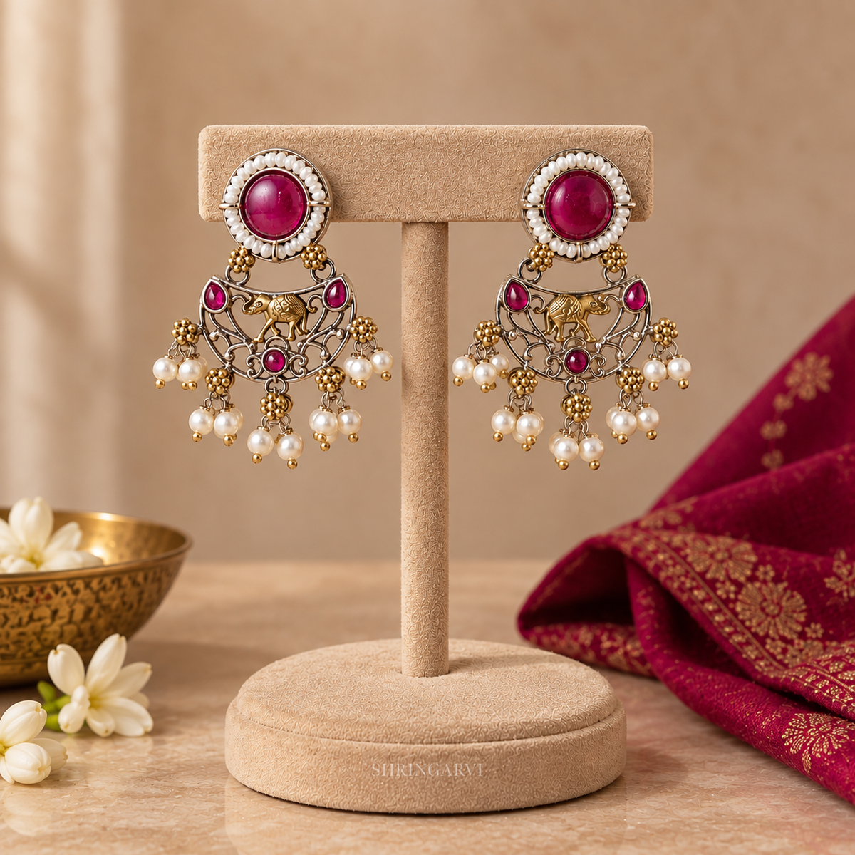 Magenta Megha Necklace with Earrings-Dual Tone