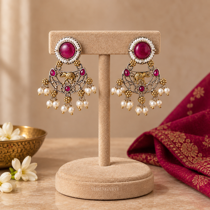 Magenta Megha Necklace with Earrings-Dual Tone