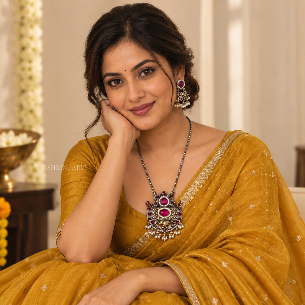Magenta Megha Necklace with Earrings-Dual Tone