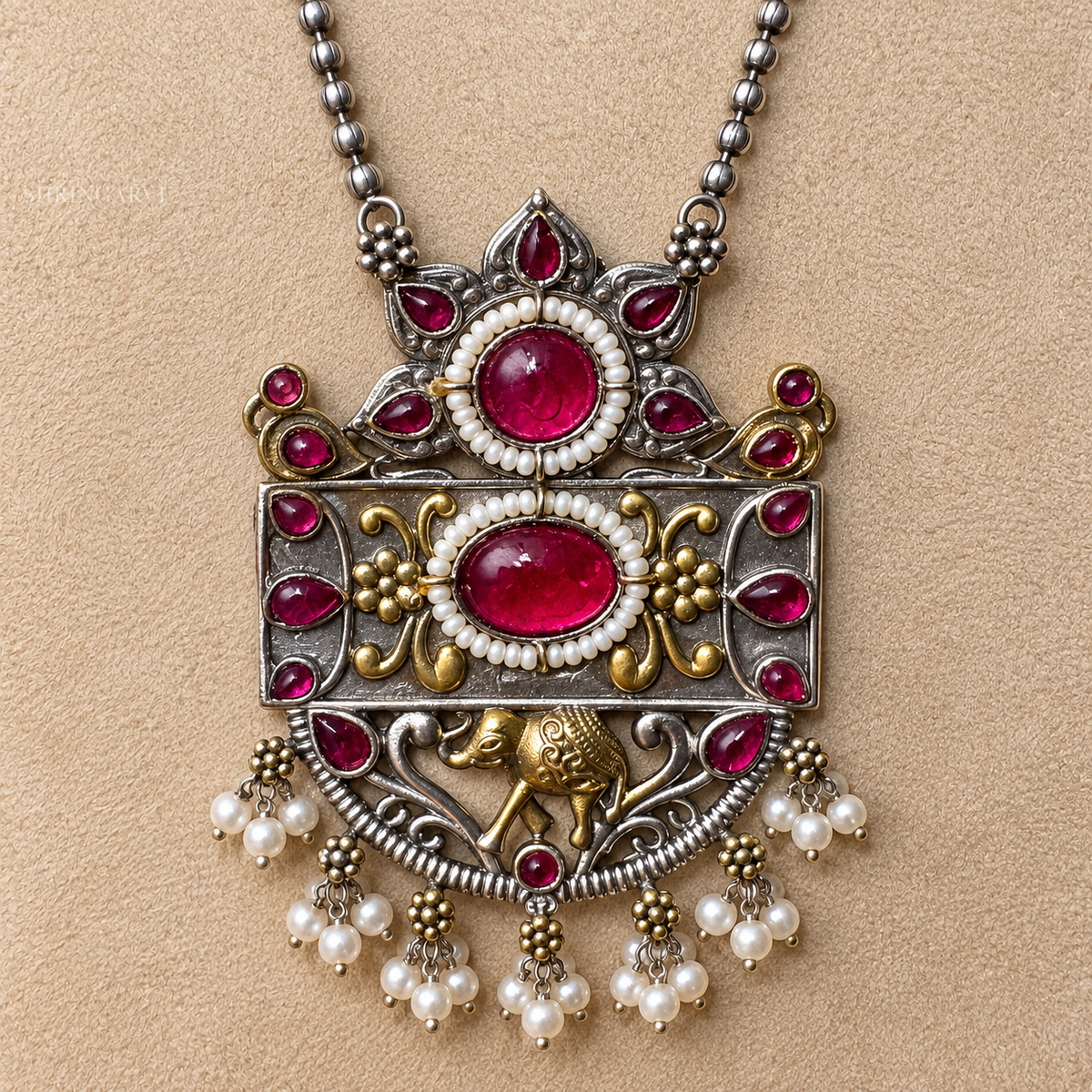 Magenta Megha Necklace with Earrings-Dual Tone