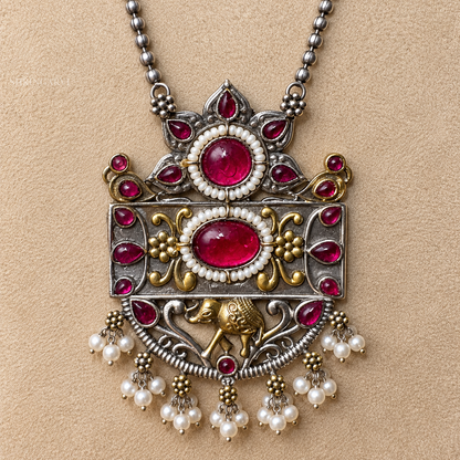 Magenta Megha Necklace with Earrings-Dual Tone