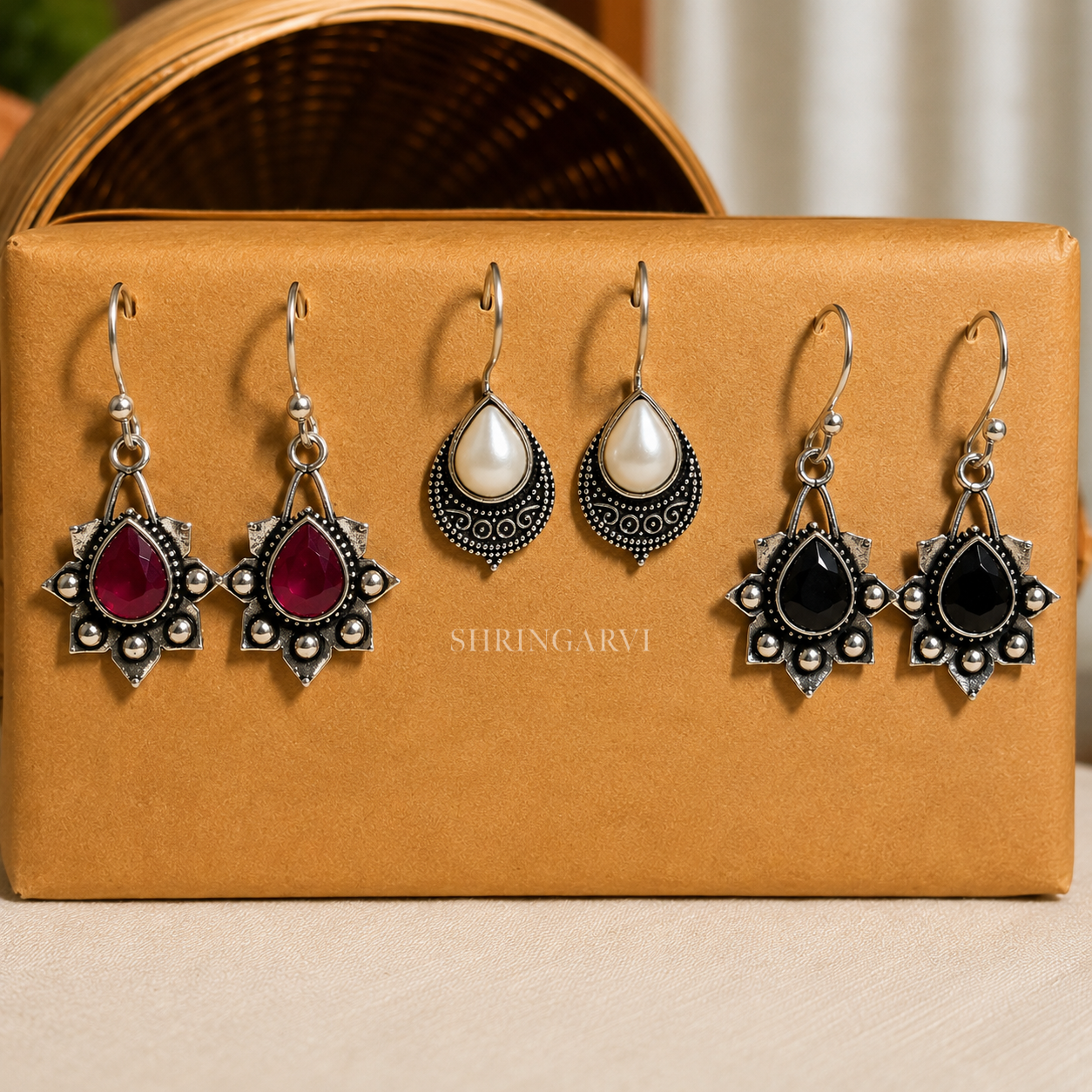 Mini Monalisa Brass Stone Danglers Combo with Magenta, white pearl and black monalisa stone oxidised brass earrings for daily wear