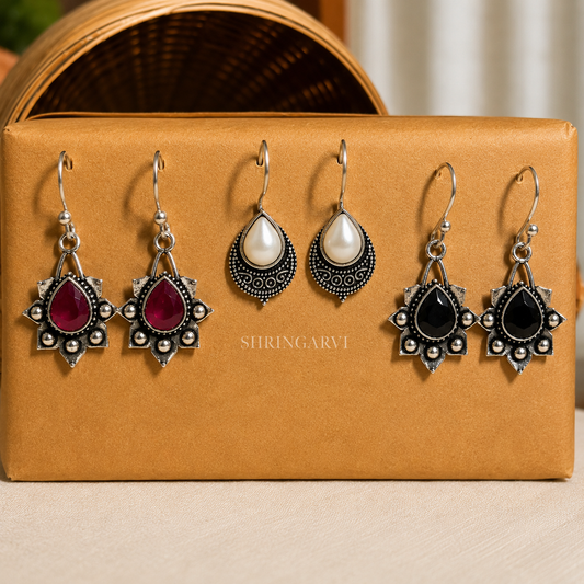 Mini Monalisa Brass Stone Danglers Combo with Magenta, white pearl and black monalisa stone oxidised brass earrings for daily wear