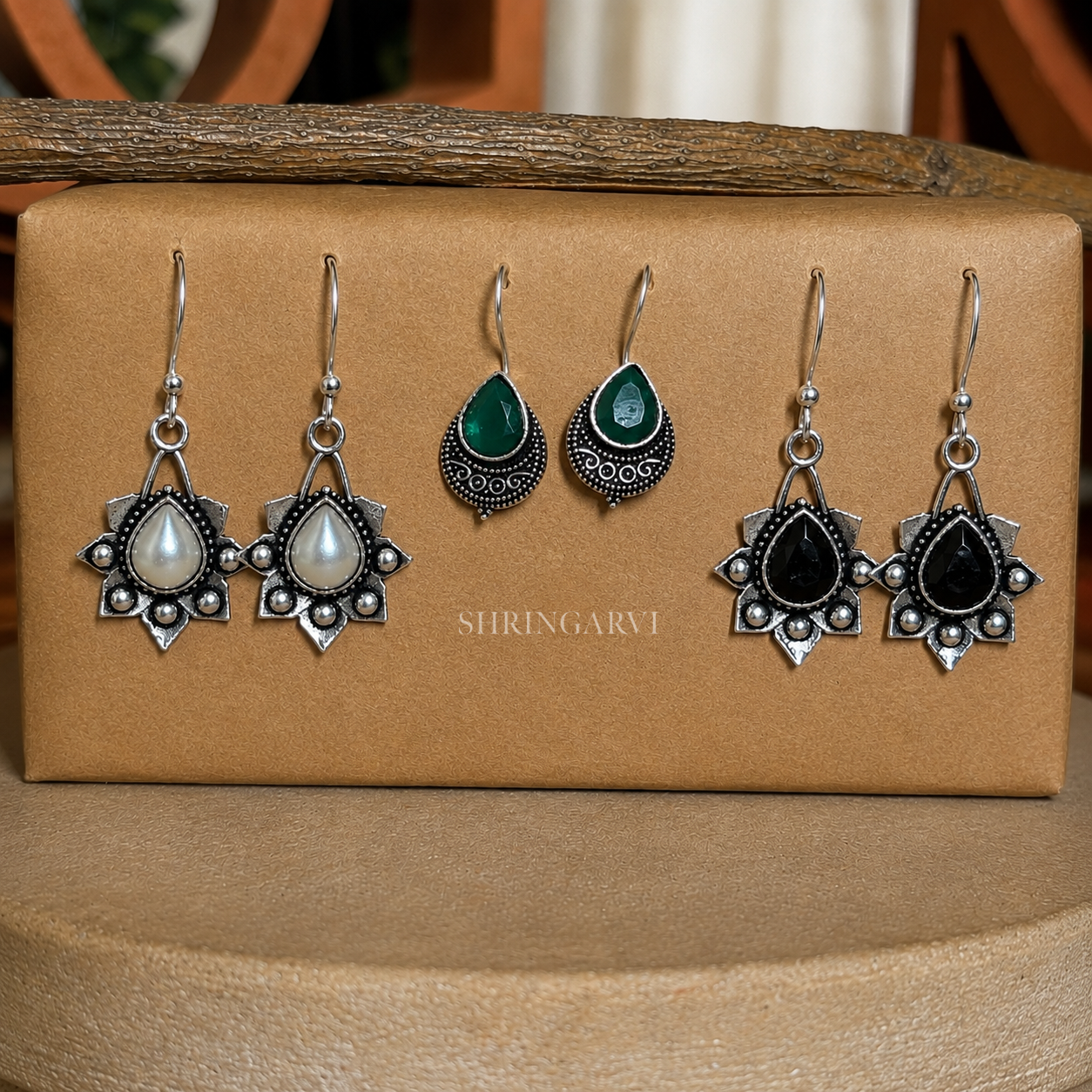 Mini Monalisa Stone Danglers Combo with Green Stone, Black and White Pearl oxidised brass earrings for daily wear
