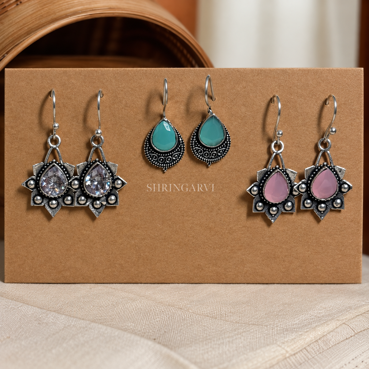 Mini Monalisa Stone Danglers Combo with Crystal Stone, Mint Blue and Blush Pink oxidised brass earrings for daily wear
