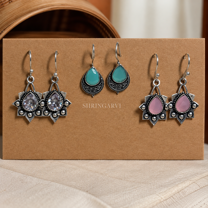 Mini Monalisa Stone Danglers Combo with Crystal Stone, Mint Blue and Blush Pink oxidised brass earrings for daily wear

