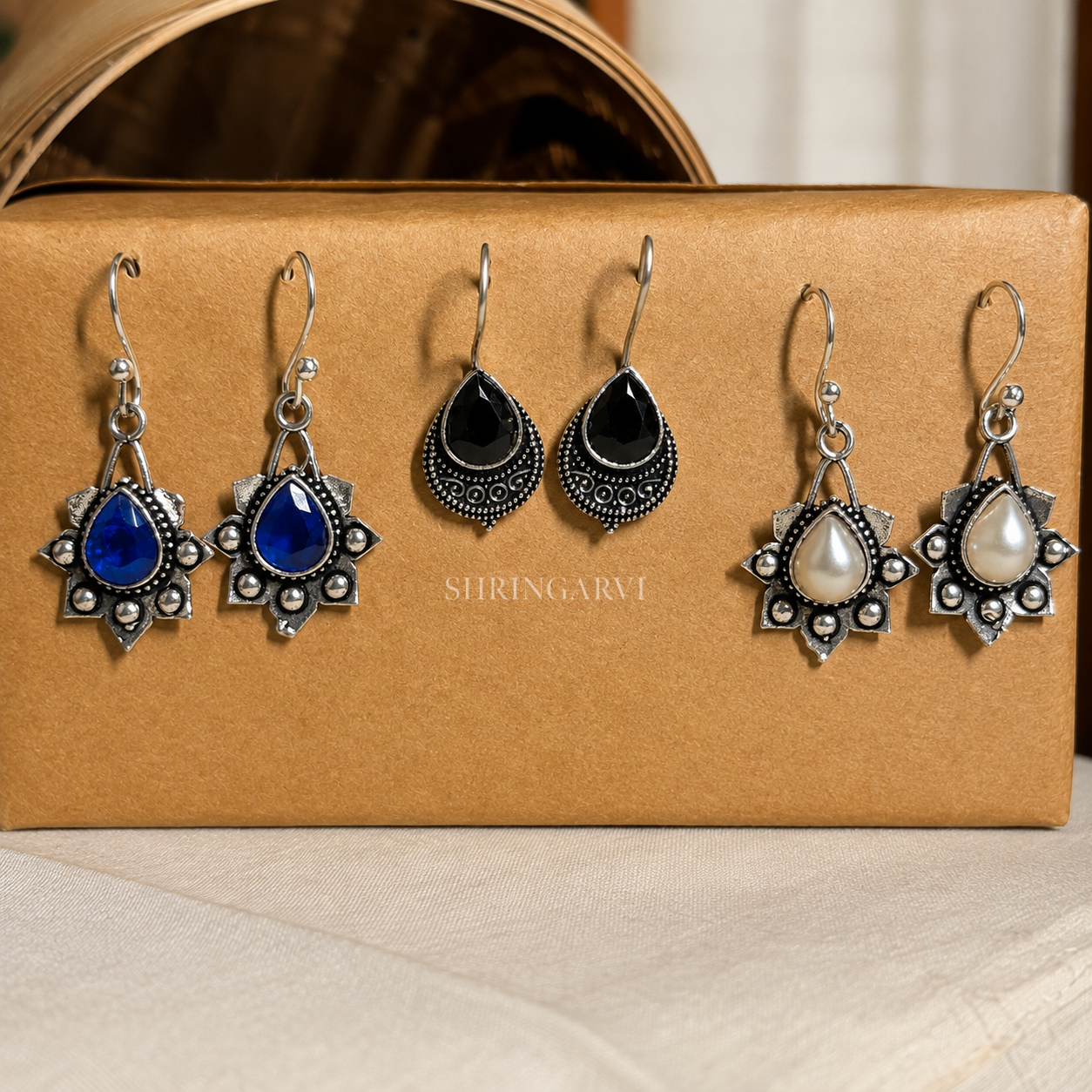 Mini Monalisa Stone Danglers Combo with Navy Blue Stone, Black, and White Pearl oxidised brass earrings for daily wear