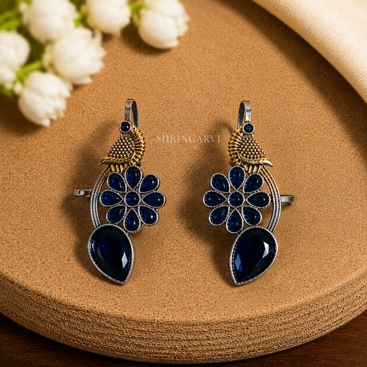Navy Blue Meenakshi dual tone brass earcuffs with navy blue stones and peacock motif by Shringarvi.