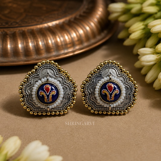Navy Blue Pihu handpainted Meenakari oxidised brass studs with navy blue Monalisa stone and pearl detailing by Shringarvi.