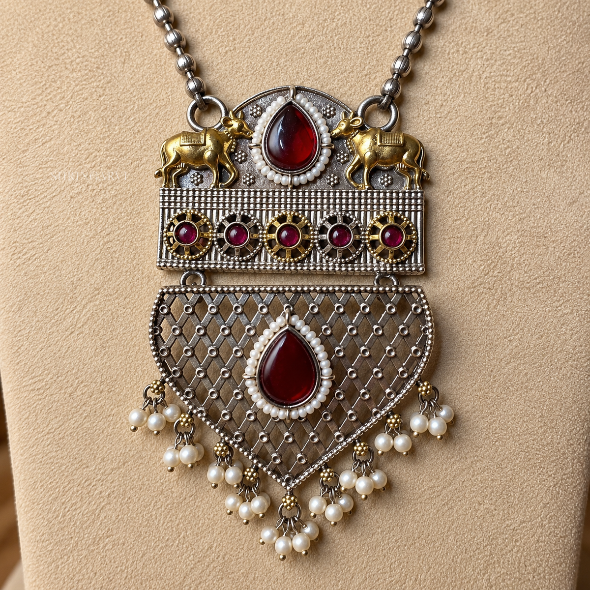 Red Uma Dual Tone Necklace with Earrings
