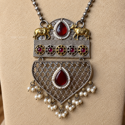 Red Uma Dual Tone Necklace with Earrings