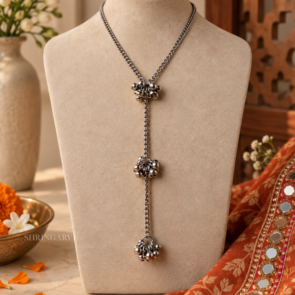 Oxidised Jhanak Ghunghroo Chain necklace with three ghunghroo clusters