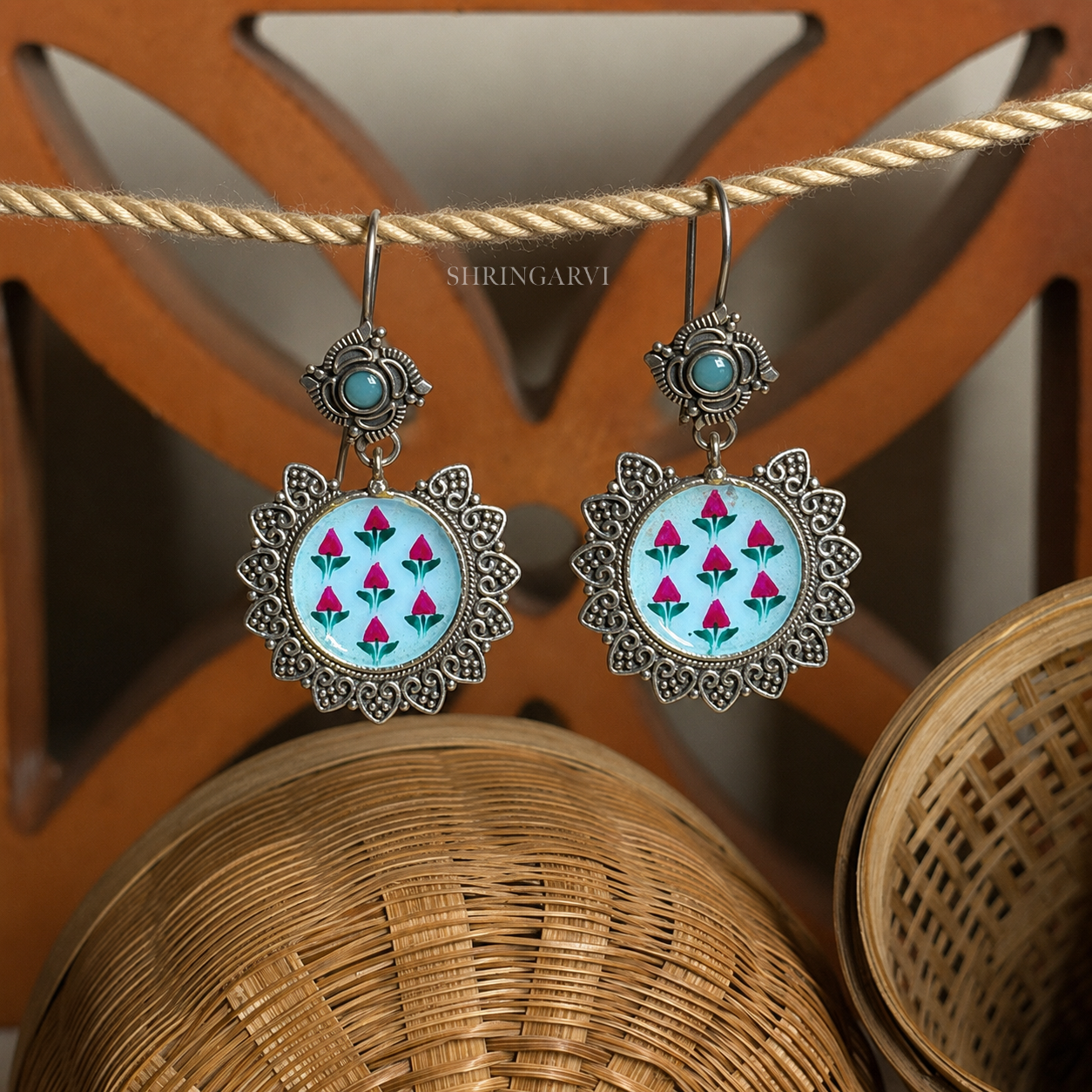 Blue Floral Handpainted Dangle Earrings in Oxidised Silver with Turquoise Stone and Pink Flower Motif