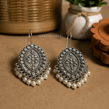 Pearl Paneri oxidised silver brass danglers with pearl drops handcrafted for ethnic and Indo-western wear.

