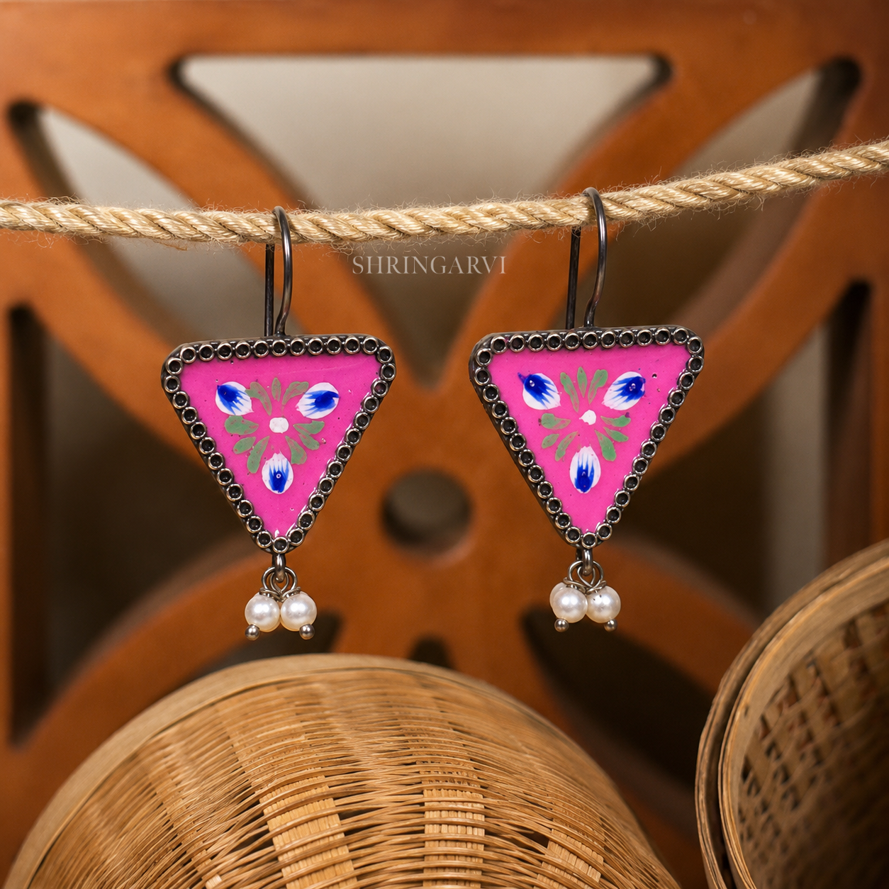Pink Handpainted Phulkari Oxidised Brass Floral Danglers with Pearl Drops