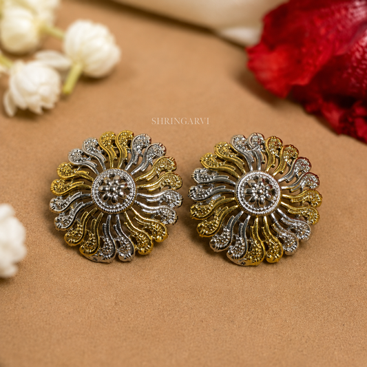 Prisha dual tone oxidised brass floral studs with intricate gold and silver detailing by Shringarvi.